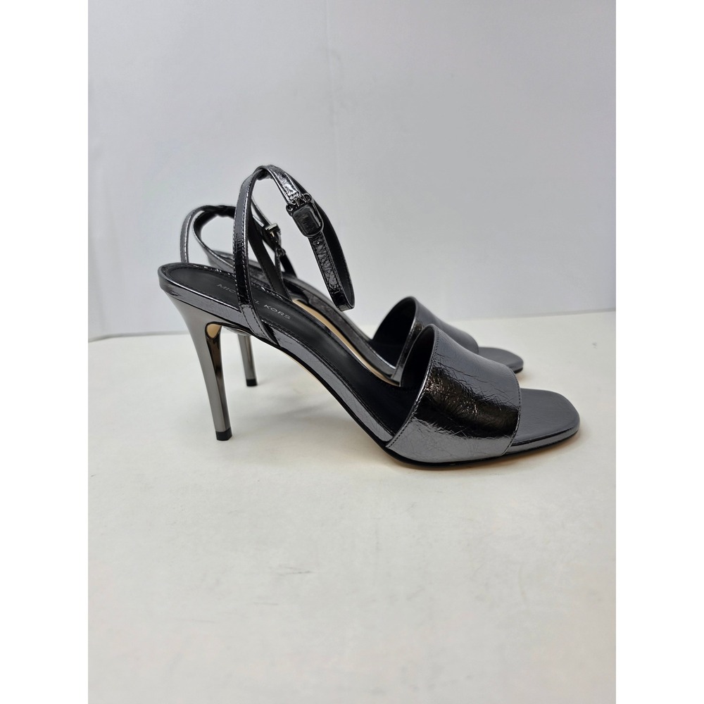 Michael Kors Elyse Heeled Sandal Metallic Leather color: Gunmetal Size 6.5